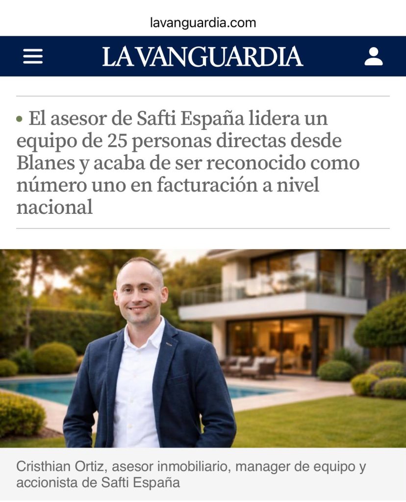 Recorte de La Vanguardia con una noticia sobre Cristhian Ortiz y su equipo inmobiliario.